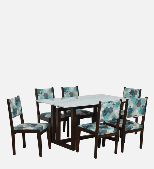 Crafted Marbles Victorian Marble Top 6 Seater Dining Set in Natural Teak Wood Finish