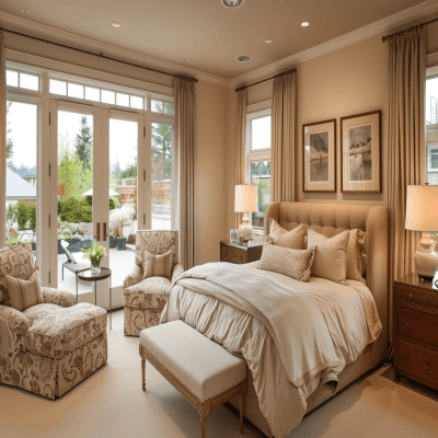 Contemporary Beige Master Bedroom Design With Floral Seater