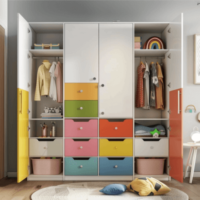 Modern White 4-Door Wardrobe Design With Multicoloured Drawer Storage