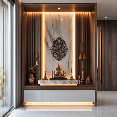 Wall-Mounted Modern Pooja Mandir Design With A Marble Base Unit