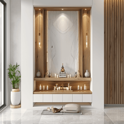 Contemporary Floor Mounted Frosty White And Wood Mandir Unit Design