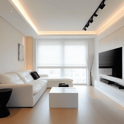 Modern White Single-Layered Living Room Ceiling Design With Track Lights