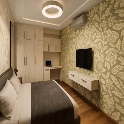 Bedroom with Patterned Wall and Study Nook