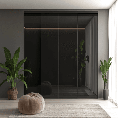 Modern Black Sliding Wardrobe Design with Glossy Acrylic Finish
