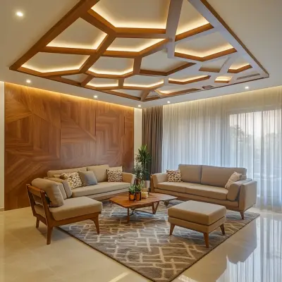 Transitional Geometric False Ceiling Design With Wood And Paint