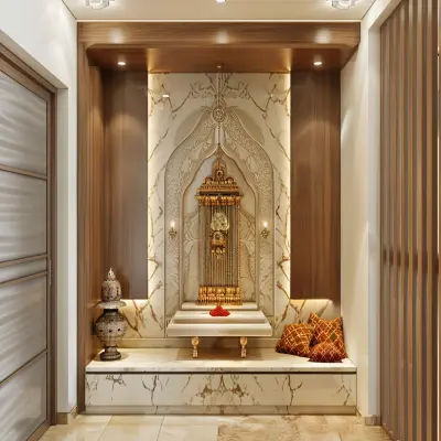 Modern Pooja Room Design With Metal Artwork