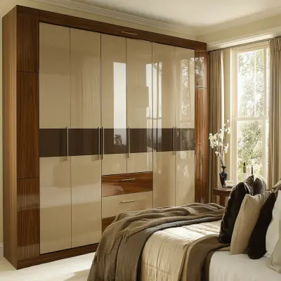 Modern 6-Door Beige And Wood Swing Wardrobe Design With Glossy Laminates
