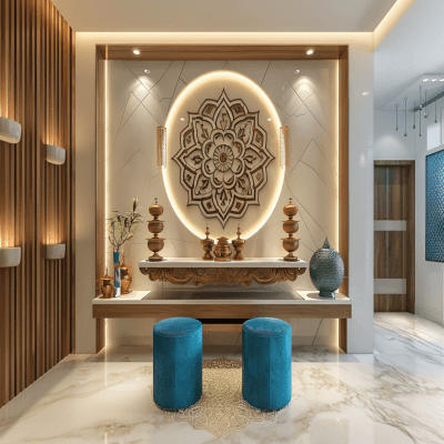 Contemporary Wall-Mounted Wood And White Pooja Room Design With Blue Stools And Om Mandala