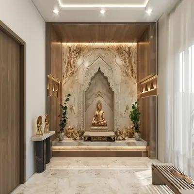 Contemporary Champagne-Toned And Wooden Mandir Design With Marble Wall Panel