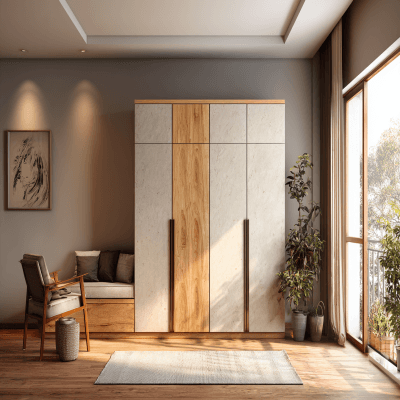 4-Door Modern Swing Wardrobe Design With Neutral Wood Contrast Finish