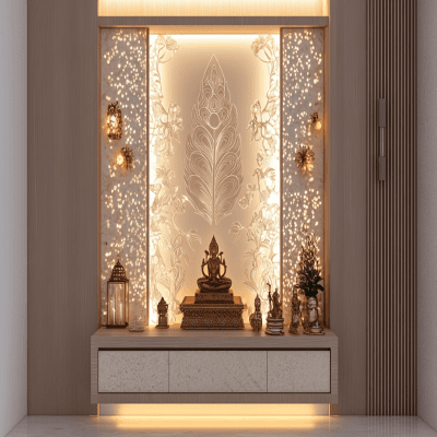 Modern Pooja Unit Design With Glass Panelling