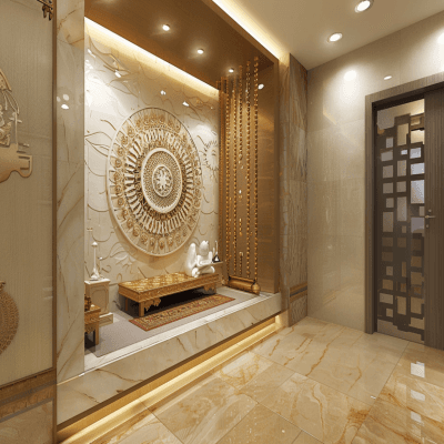 Modern Pooja Room Design With Om Mandala Wall Panel