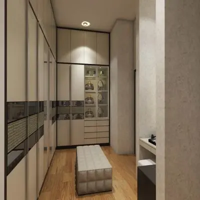Beige L shaped Wardrobe with Sliding Doors