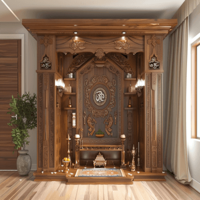 Modern Teak And Persian Walnut Pooja Room Design With Om Mandala