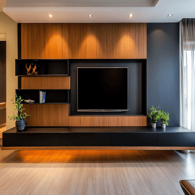 Modern Wood And Black Floating TV Unit Design With Black Wall-Mounted Shelves