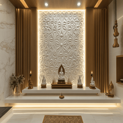 Modern Pooja Room With A Lotus-Pattern CNC Wall Design