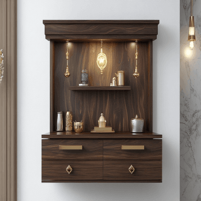 Contemporary Wall-Mounted Pooja Unit Design with Four Drawers