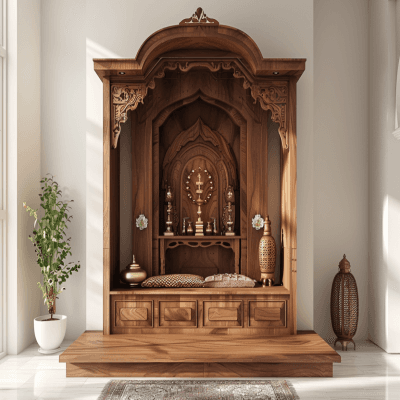 Traditional Crescent Acacia Floor-Mounted Pooja Room Design