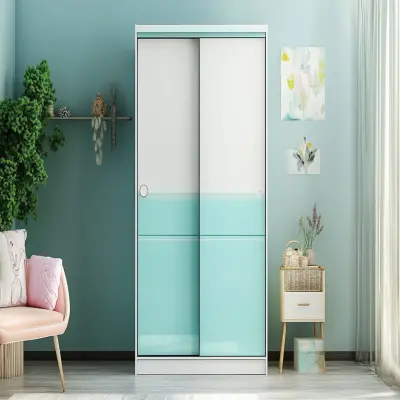 Modern Frosty White And Aqua Green 2-Door Sliding Door Wardrobe Design