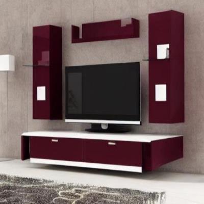 Modern TV Unit Design in Maroon with Wall Mounted Cabinets