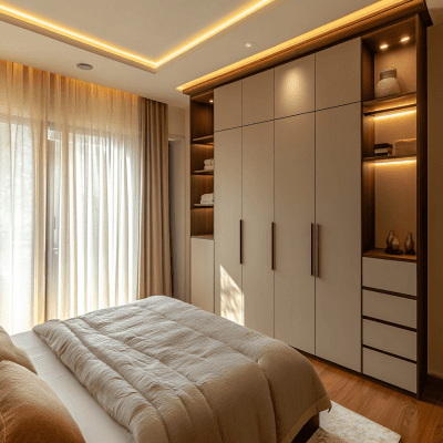 5-Door Modern Swing Wardrobe Design with Open Shelf