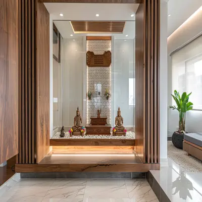 Minimal Wooden Pooja Unit Design With Mirrored Side Wall
