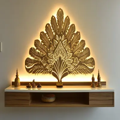 Contemporary Wall-Mounted Pooja Unit Design with Peacock Feather Design