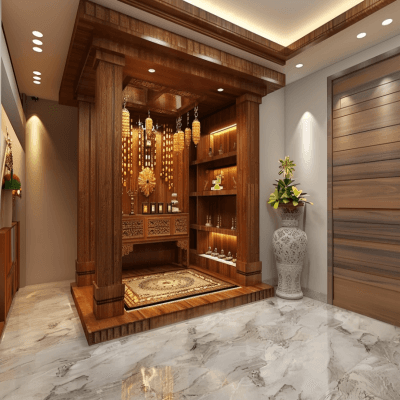 Modern Wooden Pooja Room Design With Open Racks