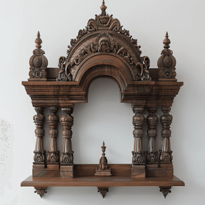 Traditional Wall-Mounted Walnut Bronze Mandir Design