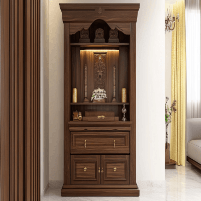 Classic Pooja Unit Design with Drawer Storage