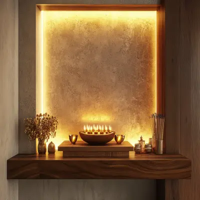 Compact Contemporary Pooja Unit Design with Lighted Om Backdrop
