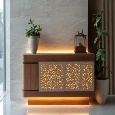 Contemporary Floor-Mounted Contemporary Pooja Design with Intricate Cutwork Panels