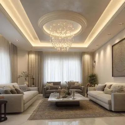 Contemporary Paint Finish Double Layer False Ceiling Design with Chandelier and Cove Lighting