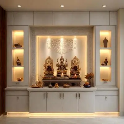 Contemporary Pooja Design with Backlit Altar and Concealed Storage