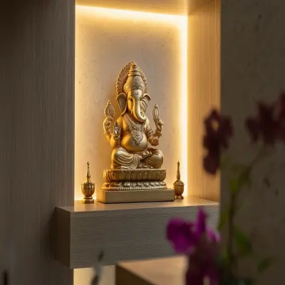 Contemporary Pooja Unit Design with Gold Ganesha Idol and Backlit Panel