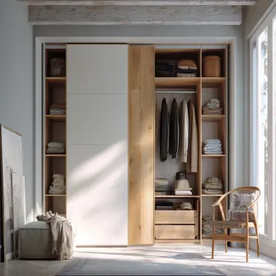 Contemporary Sliding Wardrobe Design in White and Oak Finish