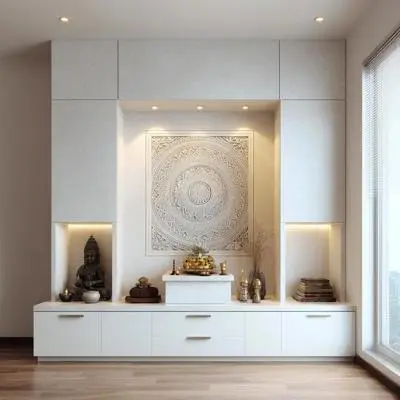 Contemporary White Pooja Design with Mandala Backdrop and Built In Drawers