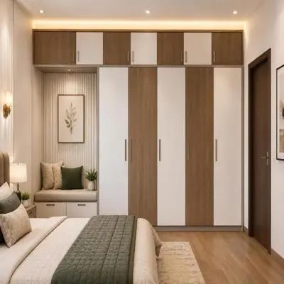Floor to Ceiling Hinged Modern Wardrobe Design with Loft and Seating