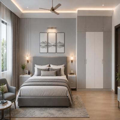 Modern 4 door Dove Grey And White Swing Wardrobe Design With Loft Storage