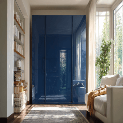 Modern 4-Door Wardrobe Design in Mantello Blu with Glossy Acrylic Shutters