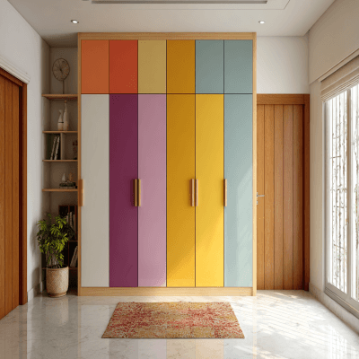 Modern 6-Door Wardrobe Design with Bold Colour Blocking