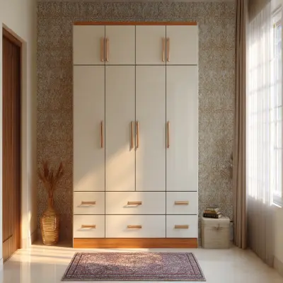 Modern Off White 4-Door Swing Wardrobe Design with Drawers