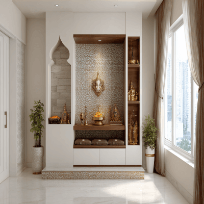 Modern Pooja Unit Design with Elegant Floor-Mounted Design