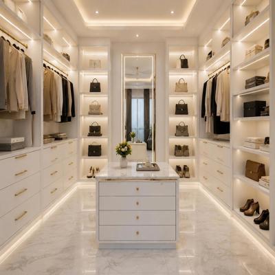 Modern White U Shaped Walk In Wardrobe Design