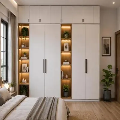 Open Ledges Hinged Modern Wardrobe Design with Loft Storage