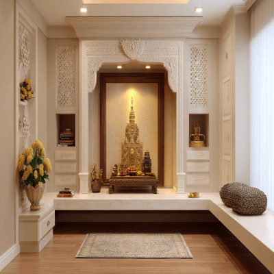 Traditional Style Pooja Room Design With Wooden Frame